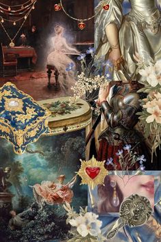 a collage of images with flowers and other things in them, including an image of a woman sitting at a table