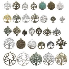 many different types of tree pendants are shown in various sizes and shapes, including one with