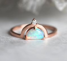 Half Moon Engagement Ring, Moon Engagement Ring, Chakra Ring, Modern Diamond Rings, Rose Gold Opal Ring, Australian Opal Ring, Unique Opal, Opal Ring Gold, Solid Gold Band