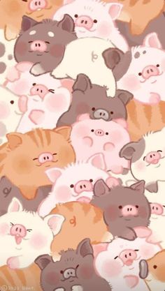 a bunch of cats that are together on a wallpaper background with pig faces and other animals