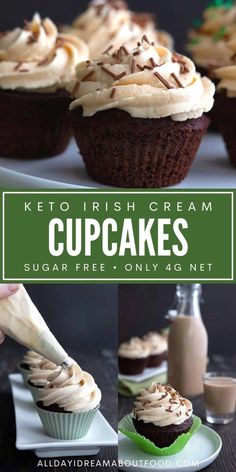 keto irish cream cupcakes with chocolate frosting and whipped cream on top