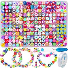 an assortment of colorful beads and bracelets in a plastic tray with scissors, bead hooks