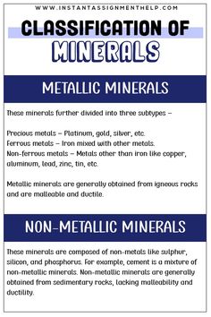 a poster with the instructions for metalic minerals and their names in blue text