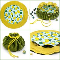 four pictures showing different ways to make a drawstring bag with lemons on it