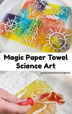 a paper towel with the words magic paper towel science art on it and someone using a marker to draw