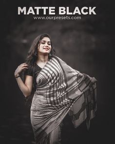 a woman in a black and white sari with text that reads matte black