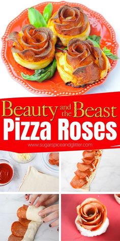 the cover of beauty and the beast pizza roses is shown with images of different pastries