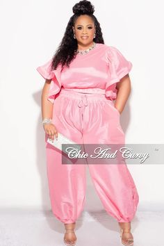 Final Sale Plus 2pc Ruffle Top and Balloon Pants Set in Pink – Chic And Curvy Sleeve Ruffles, Chic And Curvy, Balloon Pants, Clothing Sets, Stretch Pants, Pant Set, Ruffle Top, High Waisted Pants, Round Neckline