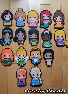 cross stitch avatars are displayed on a wooden floor with text overlaying them