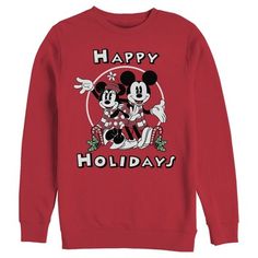 Who knew that dressing "mousey" this Christmas could be so cute!? Celebrate the coziest holiday with Walt Disney's most iconic characters in this officially licensed Mickey Mouse and Friends Mickey & Minnie Holiday Men's Crewneck Sweatshirt! This adorable Christmas-themed sweatshirt features Mickey Mouse and Minnie Mouse wearing cozy outfits while smiling big, along with the text "Happy Holidays" printed across the center. This graphic sweatshirt is a great fit for the whole family, so grab one Disney Style Sweatshirt With Character Print For Winter, Disney Character Print Sweatshirt For Winter, Disney Character Print Winter Sweatshirt, Disney Graphic Print Top For Winter, Disney Graphic Print Tops For Winter, Disney Sweatshirt For Winter Fan Events, Christmas Long Sleeve Tops With Character Print, Mickey Mouse Crew Neck Top For Winter, Graphic Print Tops For Disney Fan Events In Winter