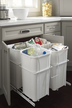 Recycle Center, Recycling Storage, Open Living Room Design, Trash Storage, White Kitchen Decor, Minimalist Kitchen Design, Kitchen Organization Pantry, Recycling Center