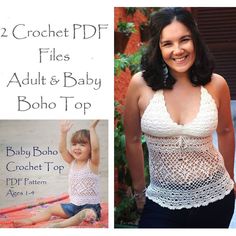 a woman wearing a crochet top with the words baby boho on it