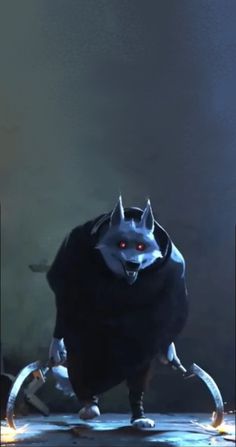 an animated character with red eyes and horns on his head, standing in front of a dark background