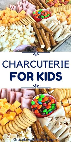 an assortment of cheeses, crackers and other snacks on a platter with the words charcuterie for kids