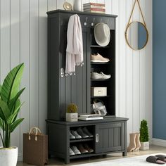 a shoe rack with shoes on it next to a potted plant and other items