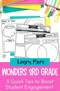 the wonders 3rd grade student's workbook is shown with pencils and markers