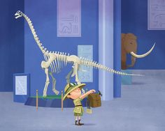 a boy looking at a dinosaur skeleton in a museum