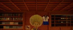 an animated image of a woman with curly hair in front of a bookshelf