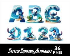 the letters and numbers are made to look like cartoon animals surfing on surfboards in the ocean