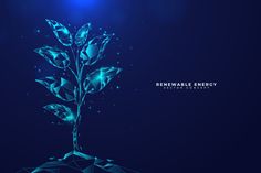 an abstract blue background with a plant growing out of the ground and glowing in the dark