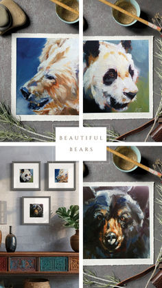 four different pictures of bears in various frames