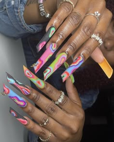 Lipstick Nails Shape Long, Crazy Long Nails, Lipstick Shaped Nails, Psychadelic Nails, Lsd Nails, Lipstick Nails Design, Lipstick Nails Shape, Lipstick Nail, Lipstick Nails