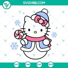 the hello kitty is sitting on top of an egg with snowflakes around it