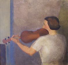 a painting of a woman holding a violin in front of her face and looking out the window