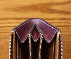 an open wallet sitting on top of a wooden table