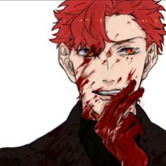 an anime character with red hair and blood on his face