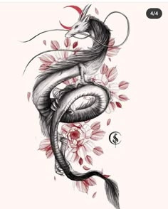 a drawing of a dragon with red flowers on it's back and the tail curled up