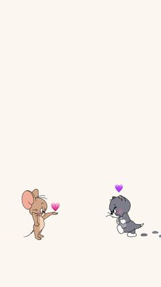 two cartoon mouses playing with each other on a white background and one is holding a pink heart