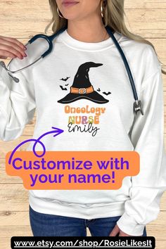 Oncology Nurse Halloween Sweatshirt Customized Halloween - Etsy Sweatshirt Customized, Nursing Sweatshirt, Personalized Halloween Gifts, Oncology Nurse, Nurse Tote, Nurse Halloween, Pun Shirts, Nurse Mugs, Nurse Appreciation Gifts