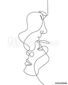 a single line drawing of two people's faces facing each other and one is holding a balloon