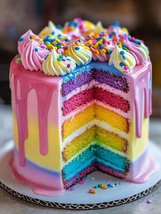 a rainbow cake with white frosting and sprinkles