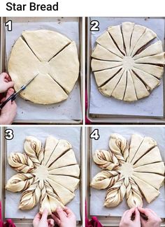 four pictures showing how to make a star bread with the dough cut into eight sections