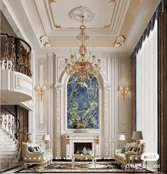 an elegant living room with chandelier, couches and fireplace in it's center