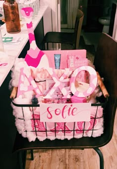 a basket filled with lots of items sitting on top of a table