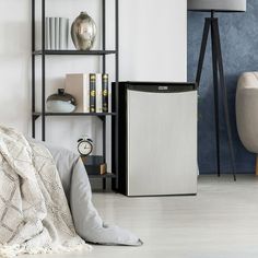 a living room with a couch, book shelf and a small air purifier