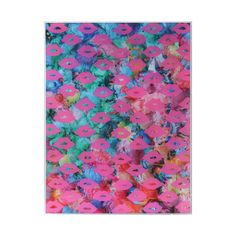 an abstract painting with pink and blue flowers