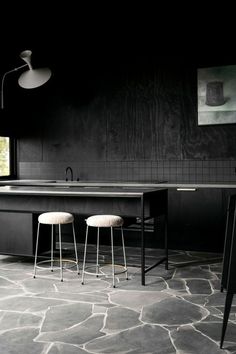 two stools sit in front of a kitchen island