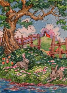 a painting of two rabbits sitting in the grass under a tree next to a river