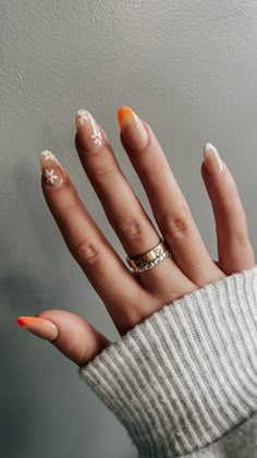 Orange Oval Nails Designs, Oval Shaped Nails Summer, Coloured French Almond Nails, Orange Nails White Flowers, Bach Nails Bridesmaid, Orange Tip French Nails, Orange And White Tip Nails, Orange Nails With French Tip, Summer French Tip Nails Orange