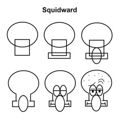 four different shapes with the words squidward written below them in black and white