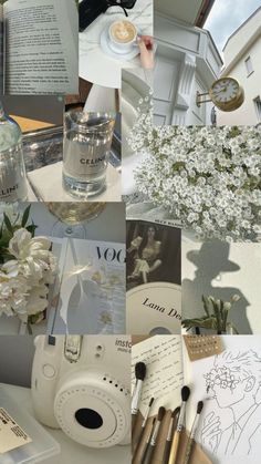 a collage of photos with flowers, books and other things to draw on the table