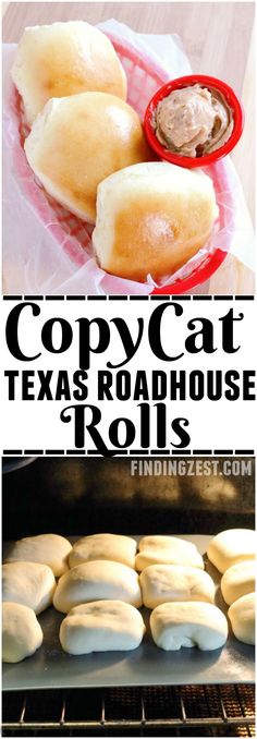 some food that is sitting on top of a pan and in front of the words copycat texas roadhouse rolls