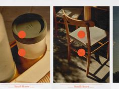 three different pictures with orange circles on the bottom and one showing an empty chair in the middle