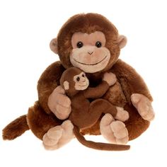 a stuffed monkey holding a baby monkey on its back