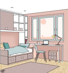 a drawing of a bedroom with a desk and bed