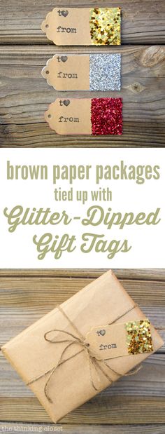 brown paper packages tied up with glitter - dipped gift tags